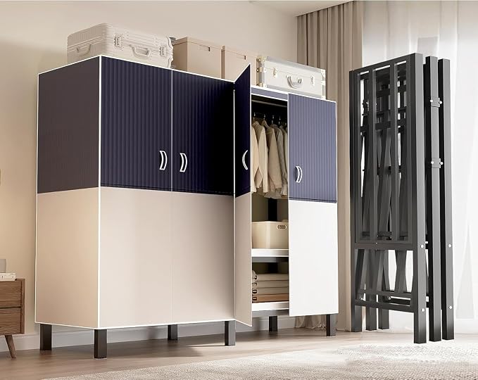 49.2in Heavy Duty Portable Closet with Cover, 1500lbs Foldable Covered Metal Clothing Wardrobe Closet System, Heavy Duty Garment Rack for Hanging Clothes, for Bedroom, Apartment, Rental Property,Blue