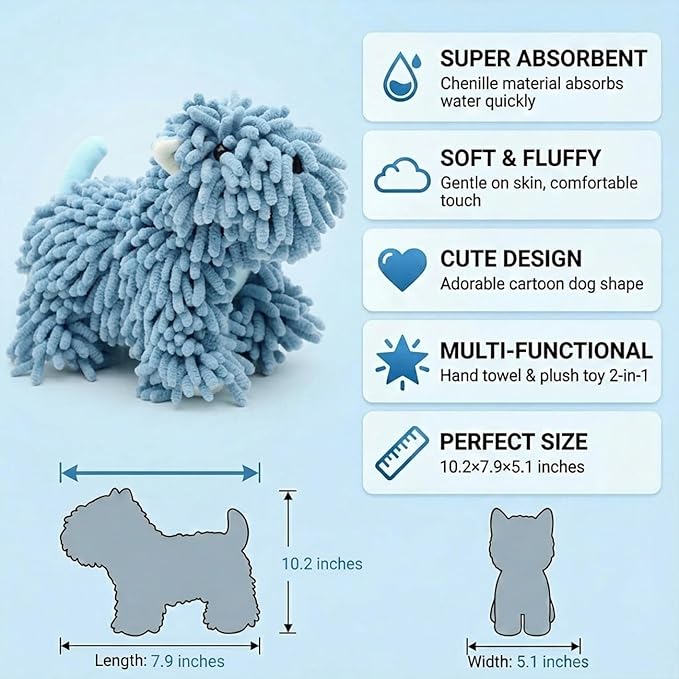 Cute Dog Chenille Hand Towel, 3D Fuzzy Puppy Hangable Ball Hand Towel Microfiber Super Soft Absorbent Bathroom & Kitchen Towels with Hanging Loop, Can Be Placed on the Sink Countertop (Blue)