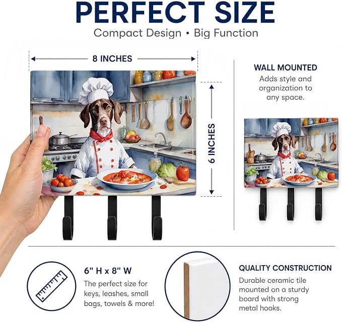 Caroline's Treasures Pointer The Chef Leash or Key Holder Wall Hooks, Key Hooks Holder, Coat Rack Wall Mount, Coat Hooks, Hooks for Hanging Keys, Towels, Aprons, Leashes | Pointer The Chef artwork on ceramic tile with three steel hooks for keys, leashe...