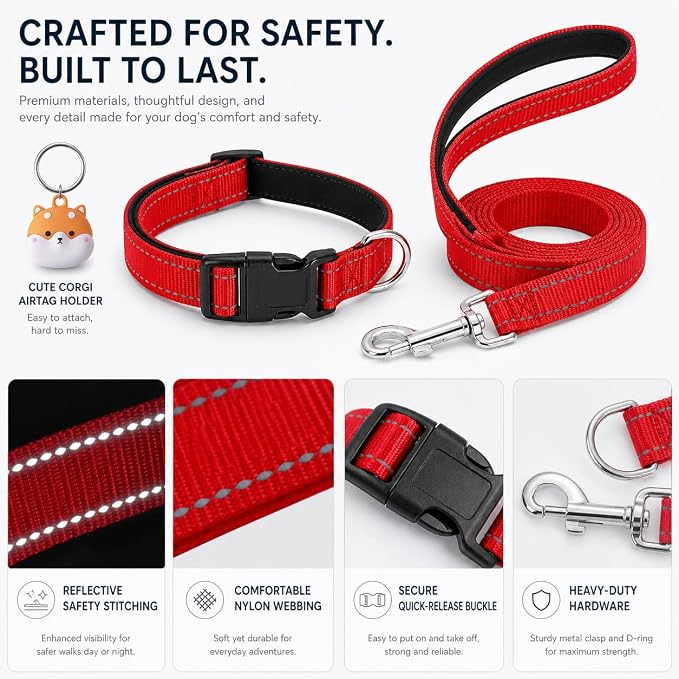 Reflective Soft Neoprene Padded Matching Dog Collar with Leash Airtag Holder Case Set Safety Breathable Adjustable Nylon Dog Collars for X-Small Small Medium Large Dogs-Red-XS