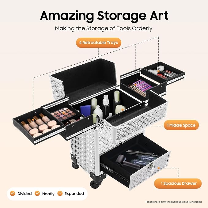 Rolling Makeup Train Case, Aluminum Cosmetic Trolley Organizer with 4 Universal Wheels, Large Capacity Travel Case with Lock for Nail Artist, Hairstylist in Salon, Studio, Travelling (Silver)