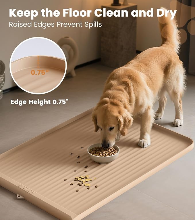 Dog Food Mat 36"x24", Waterproof Dog Bowl Mat, Khaki | Raised Edges Prevent Spills, Diversion Grooves, Waterproof Surface, Non-slip Backing, Easy to Clean