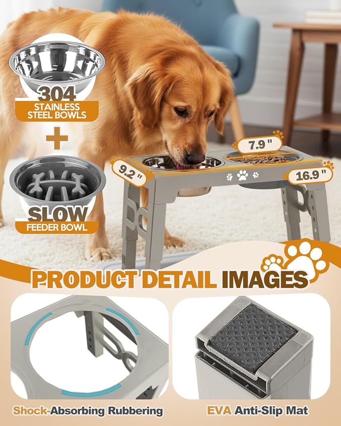 Jovrun Elevated Dog Bowls for Medium Large Dogs with Mat, Non-Slip Dog Feeder with 1*Stainless Steel Dishes & 1*Slow Feeder Bowl, 5 Heights Adjustable Raised Bowls for 3.15″-8.66″-9.84″-11.02″-12.2″