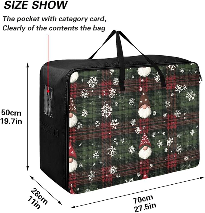 Comforter Storage Bags Large Folding Blanket Organizer Bag with Strong Handles Clear Window Closet Storage Containers for Clothes King Queen Pillows Bedding Quilt Duvet Christmas Gingham Gnome