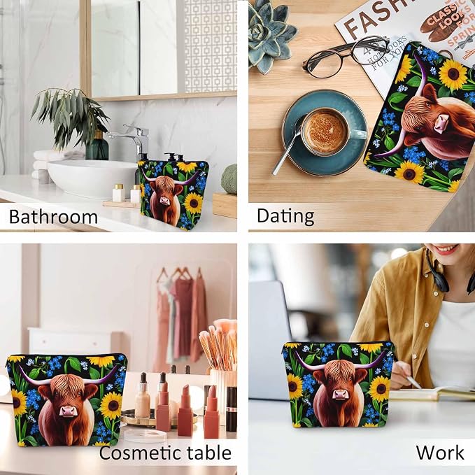 Makeup Bag For Purse Highland Cow, Hairy Cow Highland Cattle Sunflowers Yellow Cosmetic Bags For Women Travel Toiletry Pouch Makeup Bags Makeup Organizers Purse For Toiletries Cosmetics