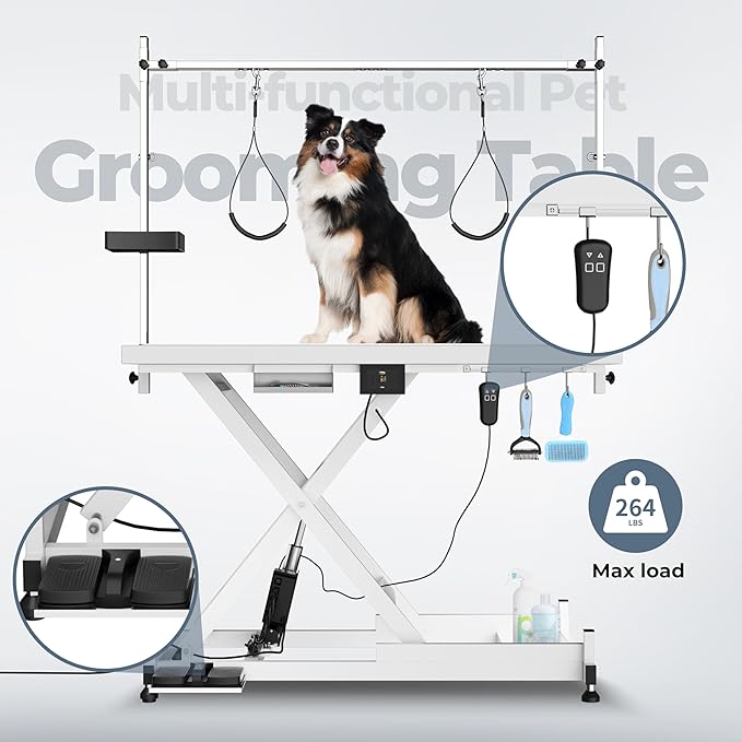 Electric Lift Pet Dog Grooming Table, Upgrade 50 Inch Heavy Duty 9'' -36'' Adjustable Height Professional Pet Grooming Table with Tool Organizer, Adjustable Overhead Arm for Large Dogs at Home, White