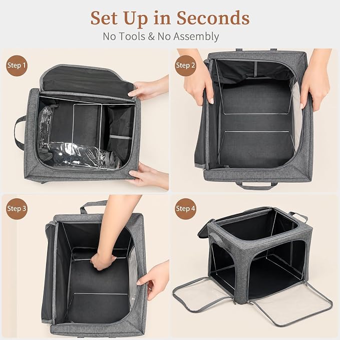 GoMaihe Clothes Storage Bins with Metal Frame for Sweaters, 40L 6-Pack Grey | Seasonal Clothes Hoodies Jeans, Closet Top Shelf Linen Closet Organizer, 3 Side Access Stackable Collapse-Proof, Clear Window