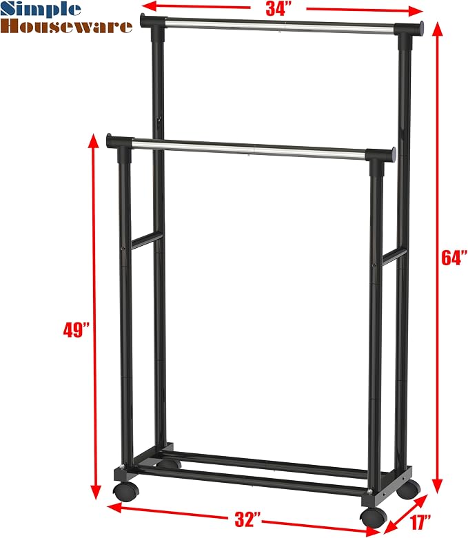 Simple Houseware Double Rods Clothing Hanging Rack on Wheels, Black | Metal Rolling Garment Rack