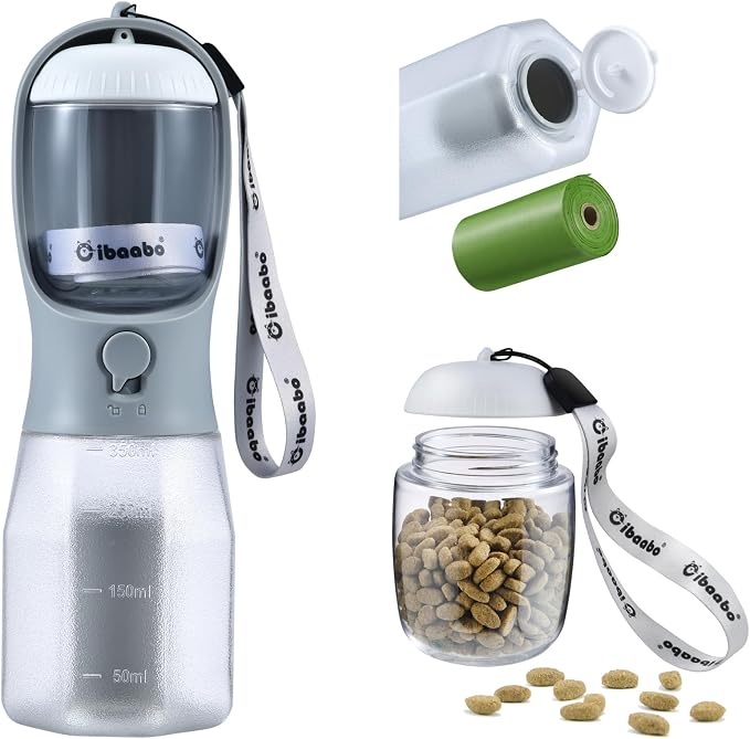 Cibaabo Dog Water Bottle with Food Container & Poop Bag Holder & Filter | Feeding & Hydration & Waste All in One | Travel Puppy Water Bowl | Portable Pet Dispenser | Dog Gifts | for Walking Beach
