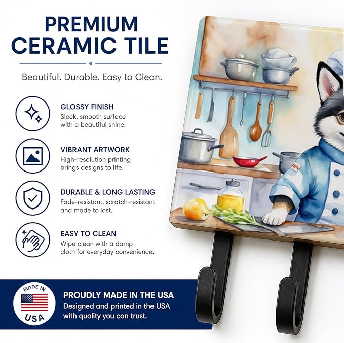 Caroline's Treasures Alaskan Klee Kai The Chef Leash or Key Holder Wall Hooks, Key Hooks Holder, Coat Rack Wall Mount, Coat Hooks, Hooks for Hanging Keys, Towels, Aprons, Leashes | Alaskan Klee Kai The Chef artwork on ceramic tile with three steel hook...