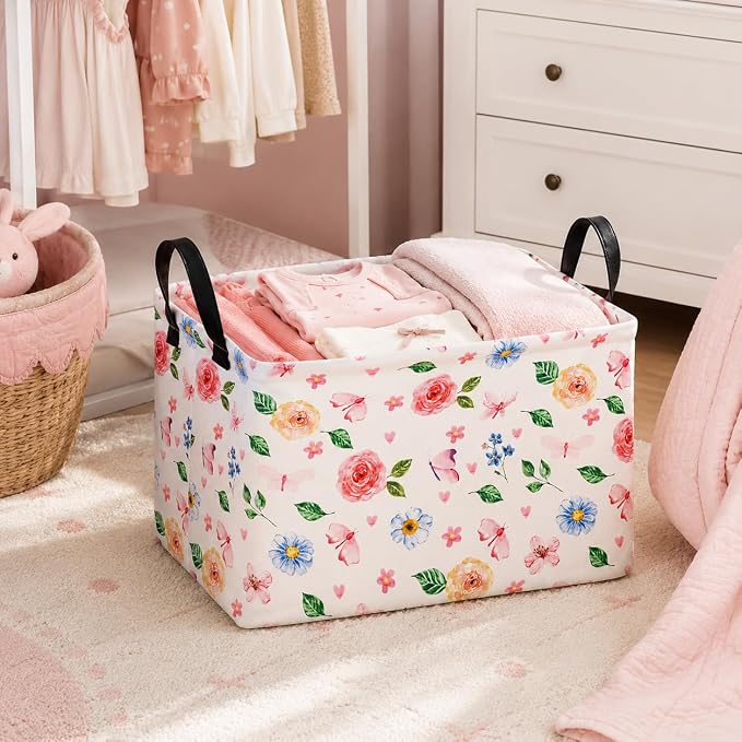 Pink Floral Storage Basket for Girls Room, Foldable Toy Organizer Bin | Pink Floral & Bow Design with Cotton Linen Fabric, Waterproof Lining, Leather Handles and Foldable Style for Girls’ Storage