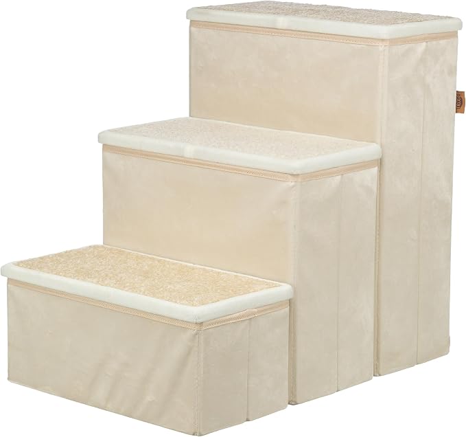TRIXIE 3-Step Velour Pet Stairs, Beige | Collapsible, Storage Compartments for Pet Toys, Ideal for Dogs & Cats