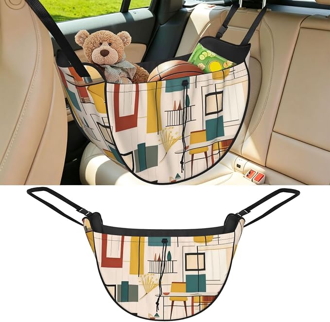 Mid Century Modern Car Seat Organizer-Backseat Storage Bag for Travel | Waterproof Durable. Holds Snacks Gear Essentials. Fits Most Cars.