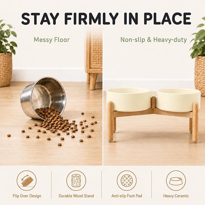 Havniva Ceramic Dog Bowls Elevated, Raised Dog Food Bowl for Large Dogs | 8.3” Elevated Dog Bowls, Non-Slip Wood Stand, Dog Food and Water Bowl Set, Dog Feeding Dish, Large Capacity Pet Water Bowl