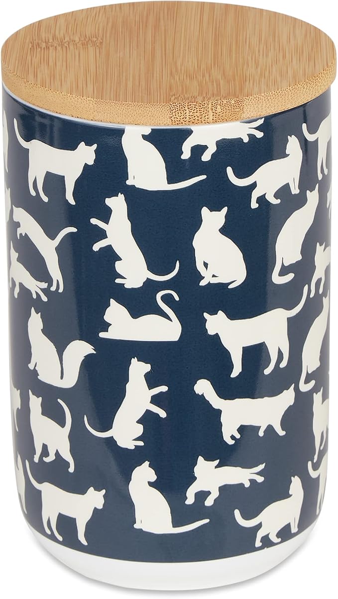 Bone Dry Ceramic Treat Jar for Cats and Dogs, Bamboo Lid, Dishwasher Safe Canister, 4x6.5", Navy, Cat Treats