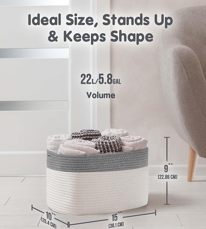 CHAT BLANC Cotton Rope Baskets for Organizing, Shelves, Toys, Storage, Shoe, Bathroom, Laundry, Towel, Nursery, Home Decor, Blanket, Cloth Woven Bins Fabric (Dark Gray & Creamy White7, 15"x10"x9")