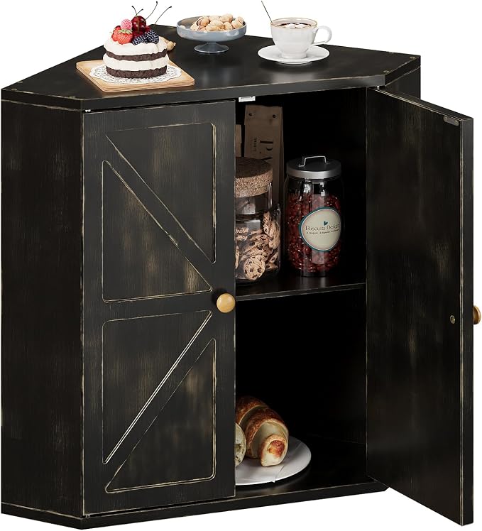 Trironsun Corner Bread Box for Kitchen Counter Double Layer Bamboo Bread Storage Container Large Capacity Bread Storage Bin Farmhouse Breadbox Organizer (Antique Black)