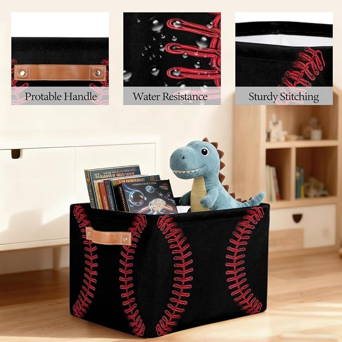 Storage Baskets Bin, Black Baseball Red Stitching Collapsible Canvas Fabric Storage Bin Decorative Baskets Toy Organizer Rectangle Storage Boxes with handles for Home Shelves Nursery,1Pack,C-04