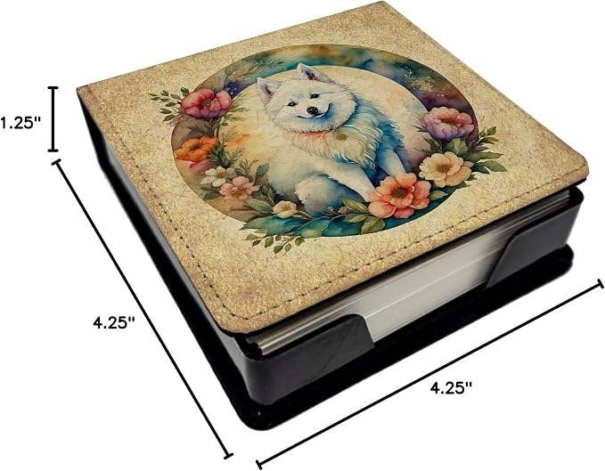 Caroline's Treasures American Eskimo and Flowers PU Leather Note Paper Holder with Artist-Designed Cover, Desk Accessory, Office Gift