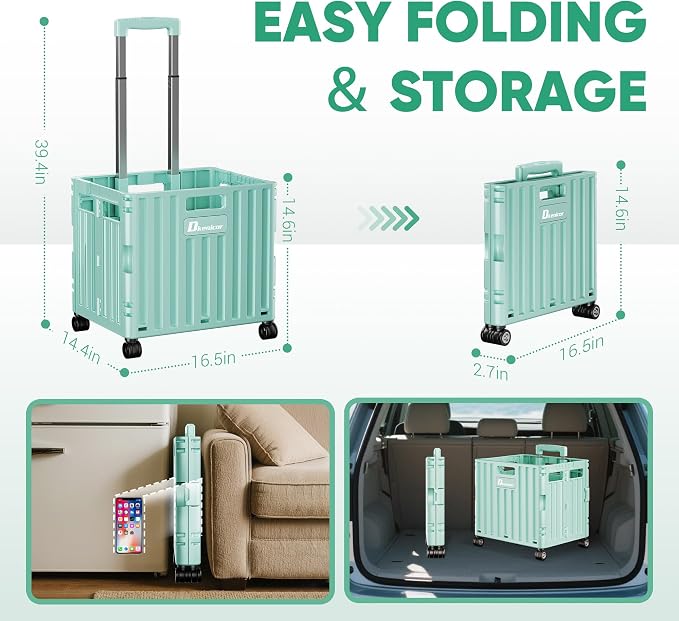 Folding Utility Cart with Lid, Portable Rolling Crate Handcart Collapsible Shopping Trolley, Durable Plastic Foldable Tool Basket with 4 Rotate Wheels for Grocery, Office, Luggage, School - Cyan