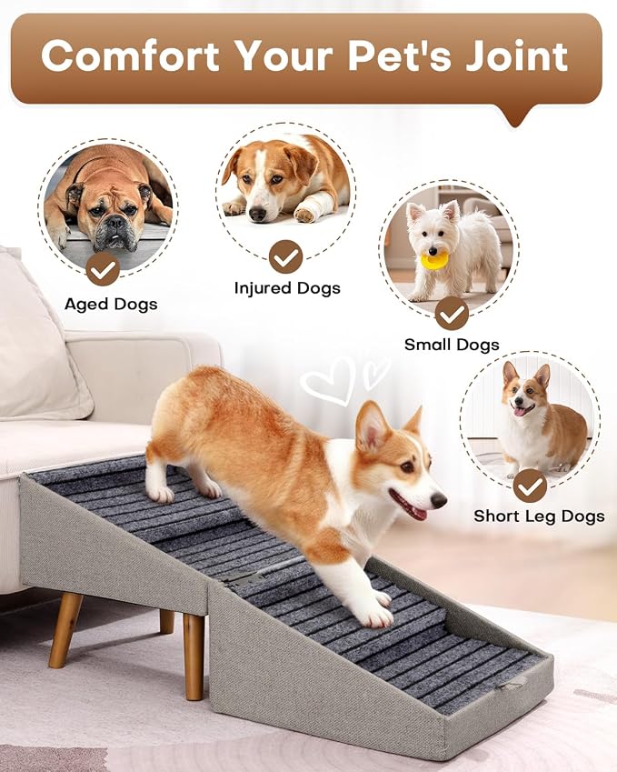 Dog Ramp for Bed & Couch, Dog Stairs 21.06 inches High for Large/Medium/Small Doggie,Split Ottoman Foldable 2 in 1 Wooden Pet Steps for Older and Injured Dogs, No-Slip Surface (17.13" H-Hemp Green)