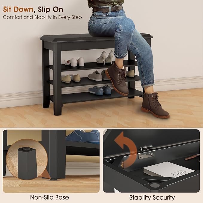 IUNVR Shoe Rack Bench Seat Rubberwood 3-Tier Wooden Storage Bench 550lbs Compact Mid-Century Modern Design for Entryway, Hallway, Closet, Front Door Entrance, Foyer