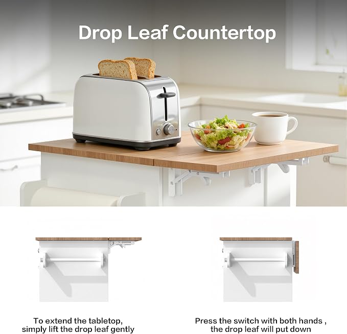 Kitchen Island with Trash Can Storage & Drop Leaf, Portable Kitchen Island on Wheels, Rolling Island Table for Kithchen
