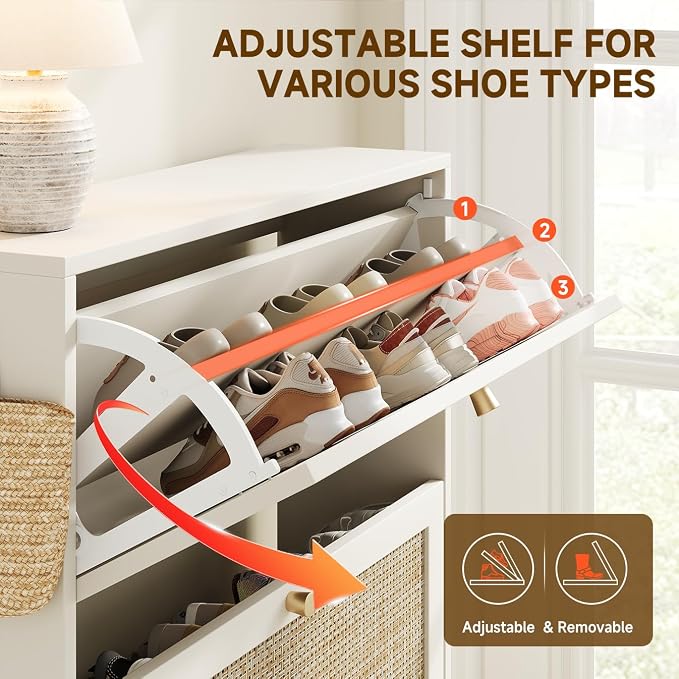 Shoe Cabinet Storage for Entryway Slim 9.5" Freestanding Floor Base Shoe Storage Cabinet, 3 Flip Drawers with 3-Position Adjustable Divider, Holds 16-36Pairs, Bright White