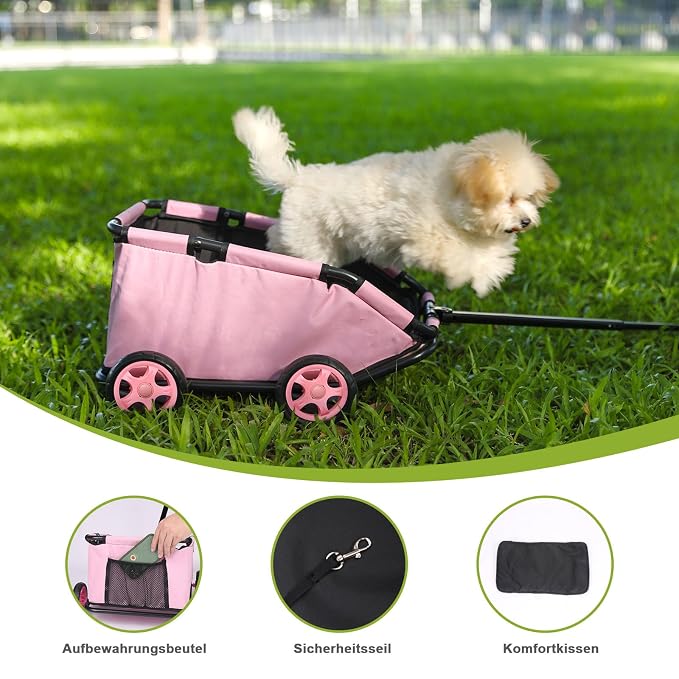 Mini Dog Strollers for Mini Pets, Foldable Multifunctional Shopping Carts with Extendable Pull Handle, Doggie Wagon Built-in Cushion and Safety Rope with Storage Bag (Pink)