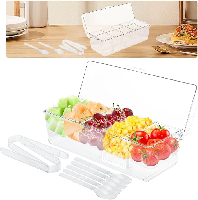 Tefola Ice Chilled Condiment Caddy with Lid, 5 Compartment Condiment Server Condiment Containers with Lids Serving Tray Platter for Bar Accessories, Fruit, Salad, Taco, Party Garnish (1, Clear)