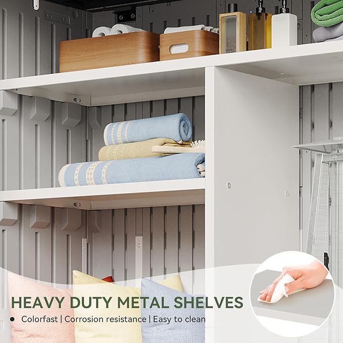 Aoxun 64 Cu.Ft Resin Storage Shed with Metal Shelving Kit & Floor, White | Vertical Waterproof Storage Cabinet for Garage, Pool, Bike, Garden Tools, Patio Furniture