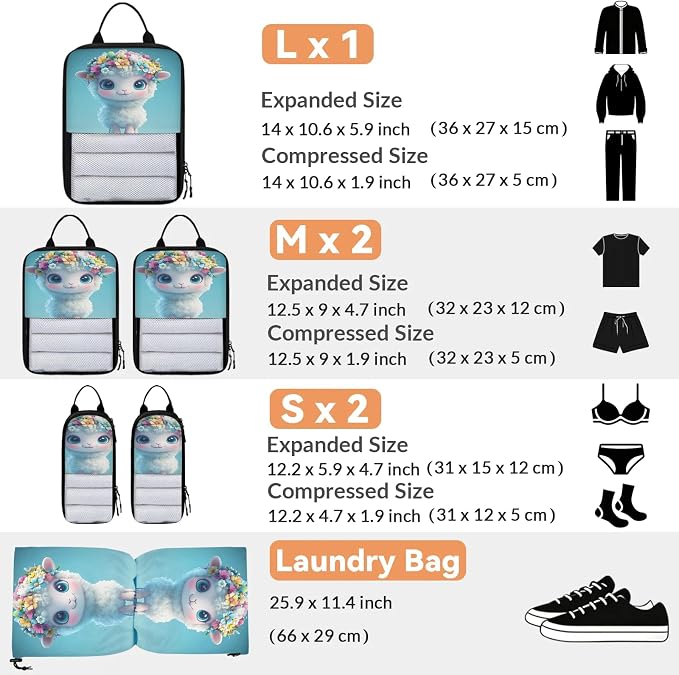 Cute Sheep 6 Set Compression Packing Cubes Animal Expandable Packing Organizer for Travel Accessories Luggage Suitcase Bag