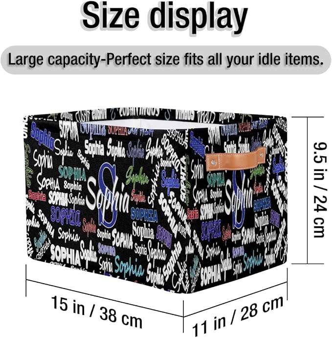 Custom Storage Basket, Personalized Name Rectangle Organizer Bin for Pet/Children Toys, Books, Clothes, Perfect for Rooms/Playroom, Solid Black Color