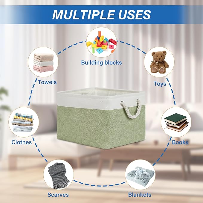 Temary Fabric Storage Baskets 4Pack Storage Bins Decorative Basket for Gift, Clothes Bin with Handles, Rectangle Baskets for Storage, Blankets(White&Green,15x11x9.5 inch)