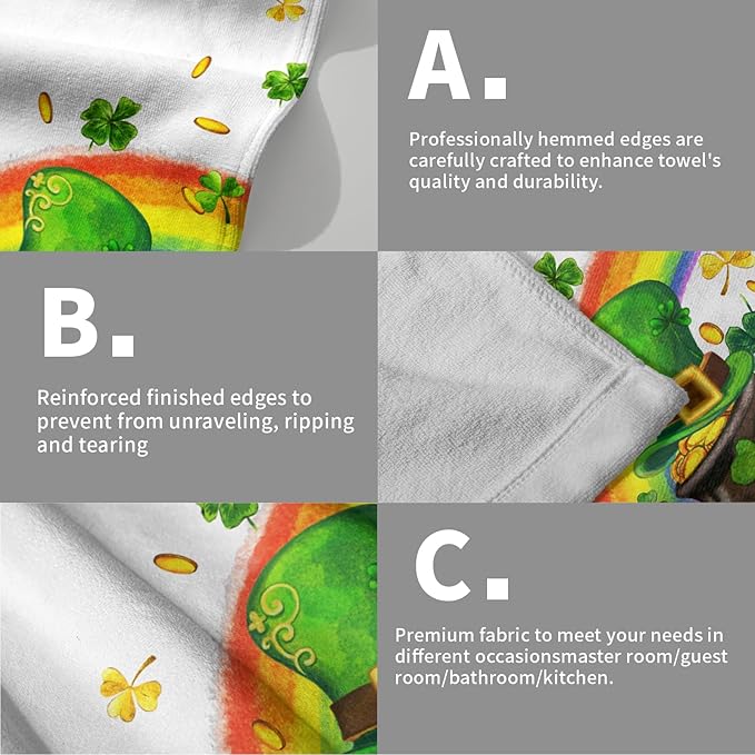 Giwawa Patrick Decorative Hand Towels- Lucky Clover Elf Hat Rainbow Towel Set of 2- Spring Shamrocks Leaf Face Towel Absorbent Dish Wash Cloth for Hotel Bathroom Gym Guest Home Holiday
