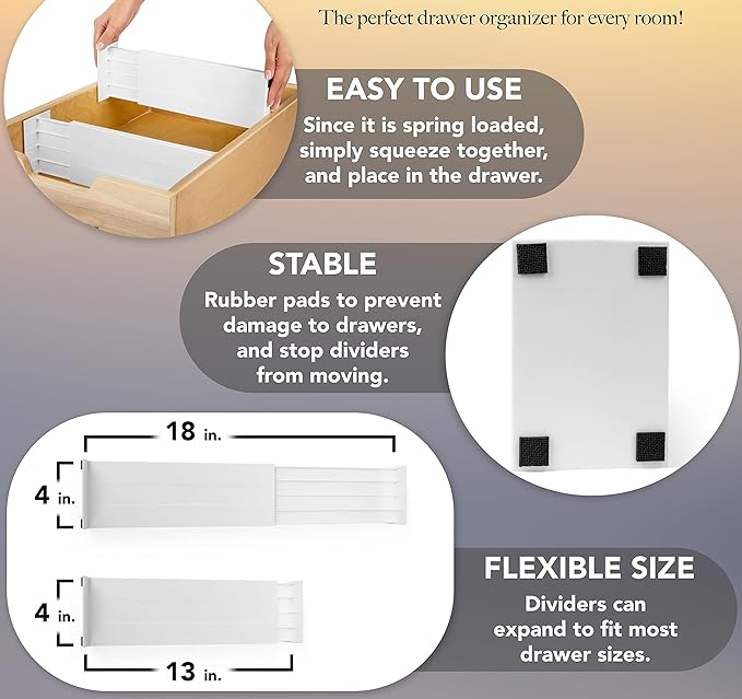 Dial Industries Dresser Drawer Organizer Dividers, Set of 2, 4.5" Deep | Slides apart to fit drawers of any length, Separates socks, underwear and small items, Great for bedroom or bathroom drawers