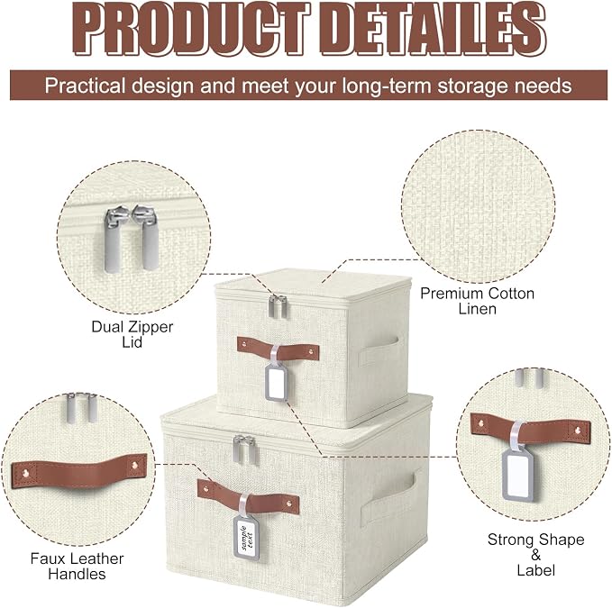 6 Pack Fabric Closet Storage Bins with Zipper Lids and Label, 10×8×7In Large Size Foldable Cotton Linen Storage Cubes Boxes with PU Leather Handles Holders for Bedroom, Shelf, Nursery, Beige
