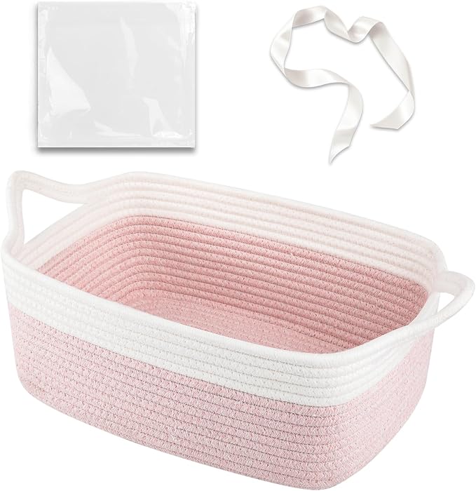 OIAHOMY Woven Basket, Gift Basket Empty with Gift Bags and Ribbons, Rope Baskets for Baby Showers, Storage Baskets with Handles for Nursery, Pet Toy Organizer - Pink & White