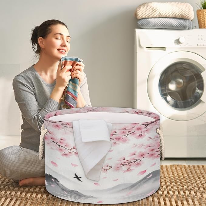 Large Storage Baskets - Cherry Blossoms Bird Nursery Organizer Bin Box with Handles Collapsible Round Laundry Hamper for Kids Toys Pet Blanket, Bedroom Living Room Home Decor Gift Basket