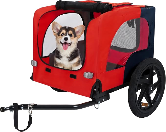 Pet Bike Trailer for Dogs, Foldable Dog Bicycle Trailer Carrier with Quick Release Wheels, Waterproof Oxford Fabric, Safety Leash & Reflective Lights for Small Medium Pets up to 66 lbs