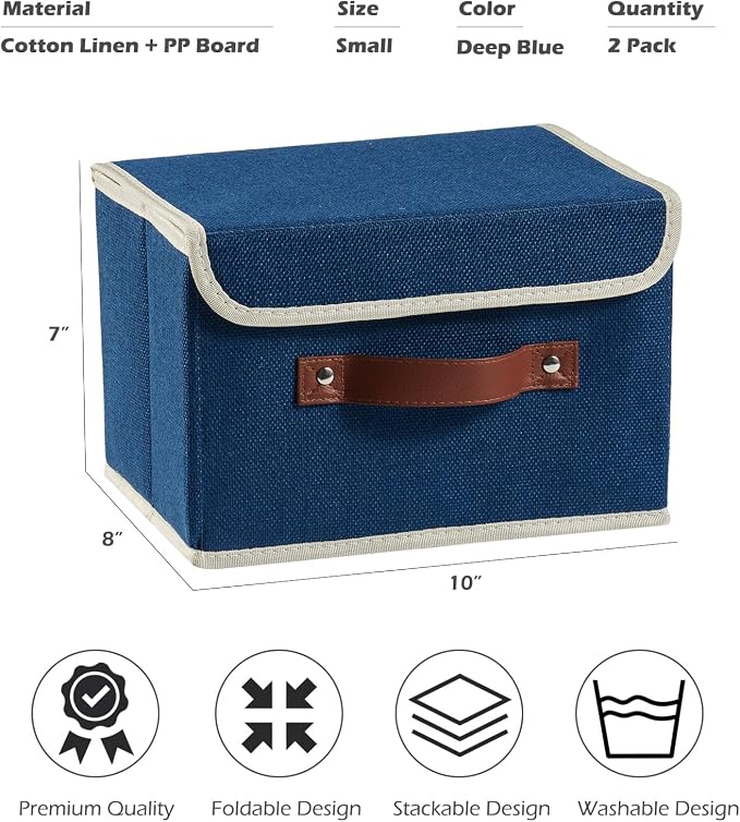 2PCS Storage Boxes with Lids Cotton Linen Fabric Bins Baskets | Decorative Collapsible Washable, Clothes Container Organizer for Closet Shelf, w/ Faux Leather Handles, Deep Blue, Small