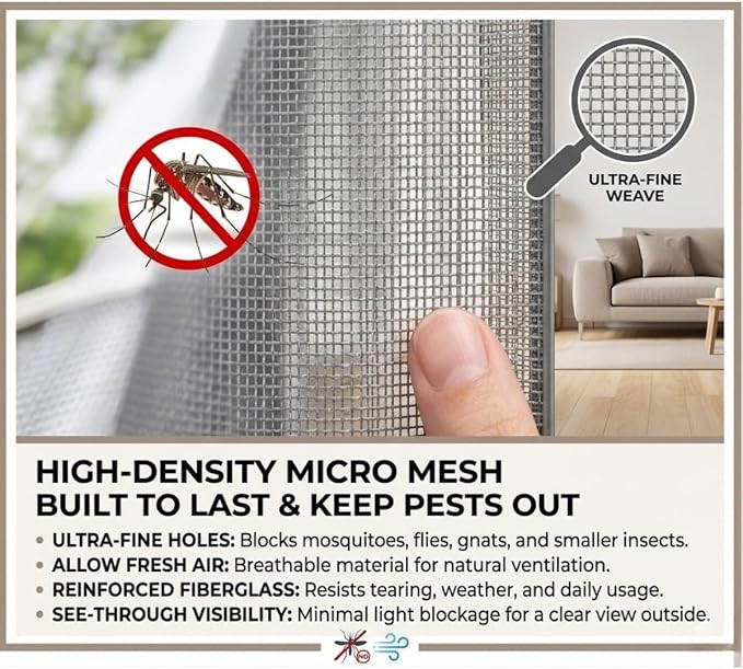 Magnetic Fiberglass Mesh Window Screen Washable, Hook and Loop Window Screen Magnetic Closure for Bedroom Kitchen Temporary, Keep Bugs Out Pet Protection Self-Adhesive Screen(White,39x67in)