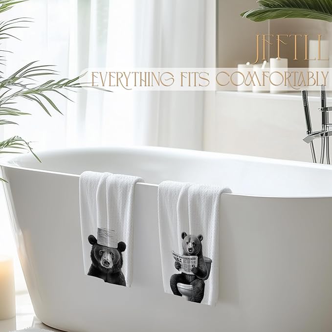 Funny Toilet Newspaper Black Bear Hand Towels, Wild Animal Hand Towels for Bathroom Washroom Restroom, Bear Bathroom Decor, 16x24 Inch Set of 2