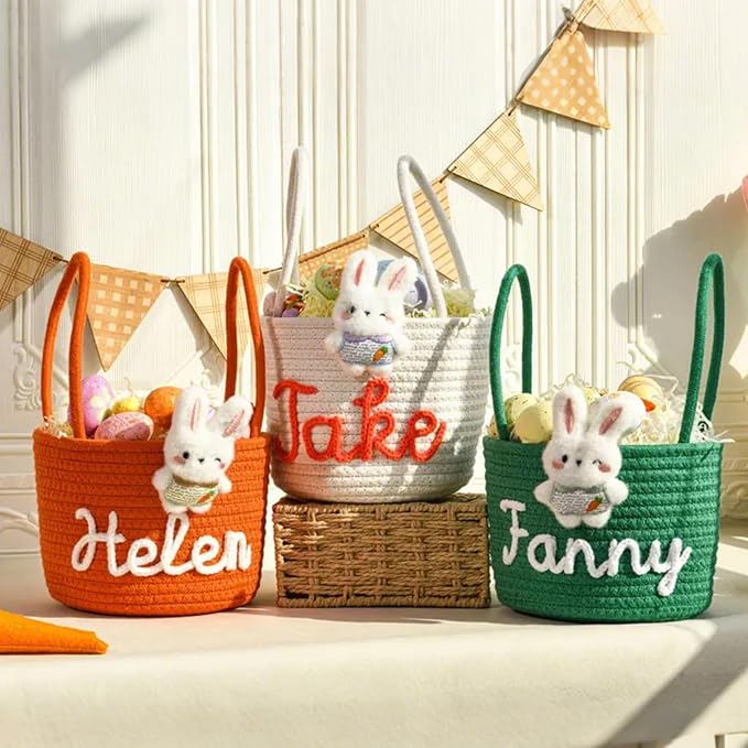 Personalized Woven Rope Bunny Basket Custom Easter Baskets for Kids Easter Egg Hunt Basket Name Tag with Handle Cotton Rope Basket (Style H)