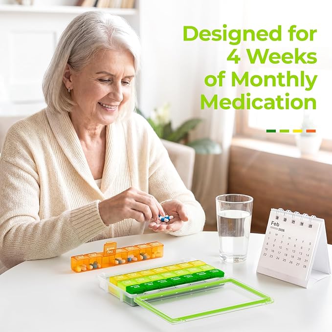AUVON Moisture-Proof Monthly Pill Organizer, Large 28-Day Compartments | Pill Box Case with Removable 4 Weeks Medication Organizer Rows for Fish Oils, Vitamins, Supplements, Medications, BPA-Free