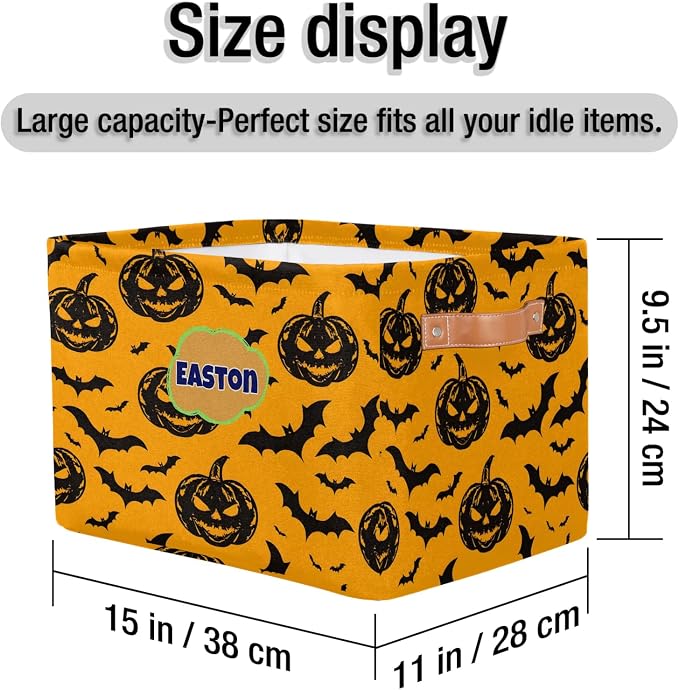 Custom Storage Baskets Name, Personalized Storage Bins Basket Boxes PU Leather Handles for Clothes Bedroom Closet Organizing Toys Books Shelves, Black Halloween Pumpkin Bats Pattern Yellow