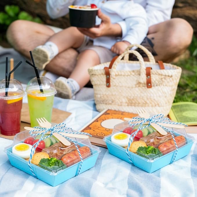 Whaline 50 Set Blue Small Charcuterie Boxes with Lids Forks Knives Summer Clear Mini Dessert Box Disposable Food Containers for Graduation Wedding Gift Giving Beach Party Sandwich Cookie Sushi Cake