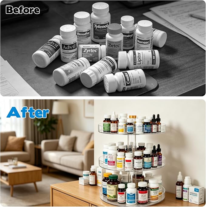 Medicine Bottle Organizer Shelf, 3-Tier Medicine Cabinet Organizer for Countertop and Bathroom, Transparent Removable Organizer for Small Medication Bottles Small Vitamins Bottles