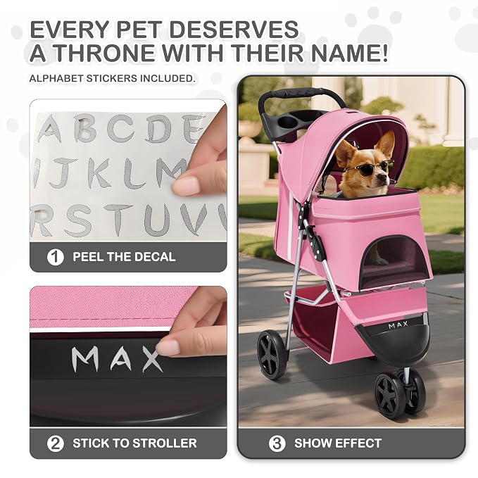 MoNiBloom Pet Stroller for Small/Medium Dogs and Cats up to 33 lbs, Pink | Foldable Dog Stroller 3 Wheels Pet Strolling Cart w/ Storage Basket Cup Holder, Breathable and Visible Mesh for All-Season