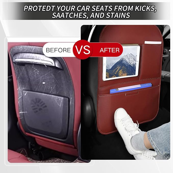 SUTSU Kick Mat Back Seat Protector， Waterproof Leather Car Seat Back Organizers Cover with 3 Storage Pockets for Kids Pets SUV Sedan Minivan Truck Car Travel Accessories (Wine Red 2-pack)